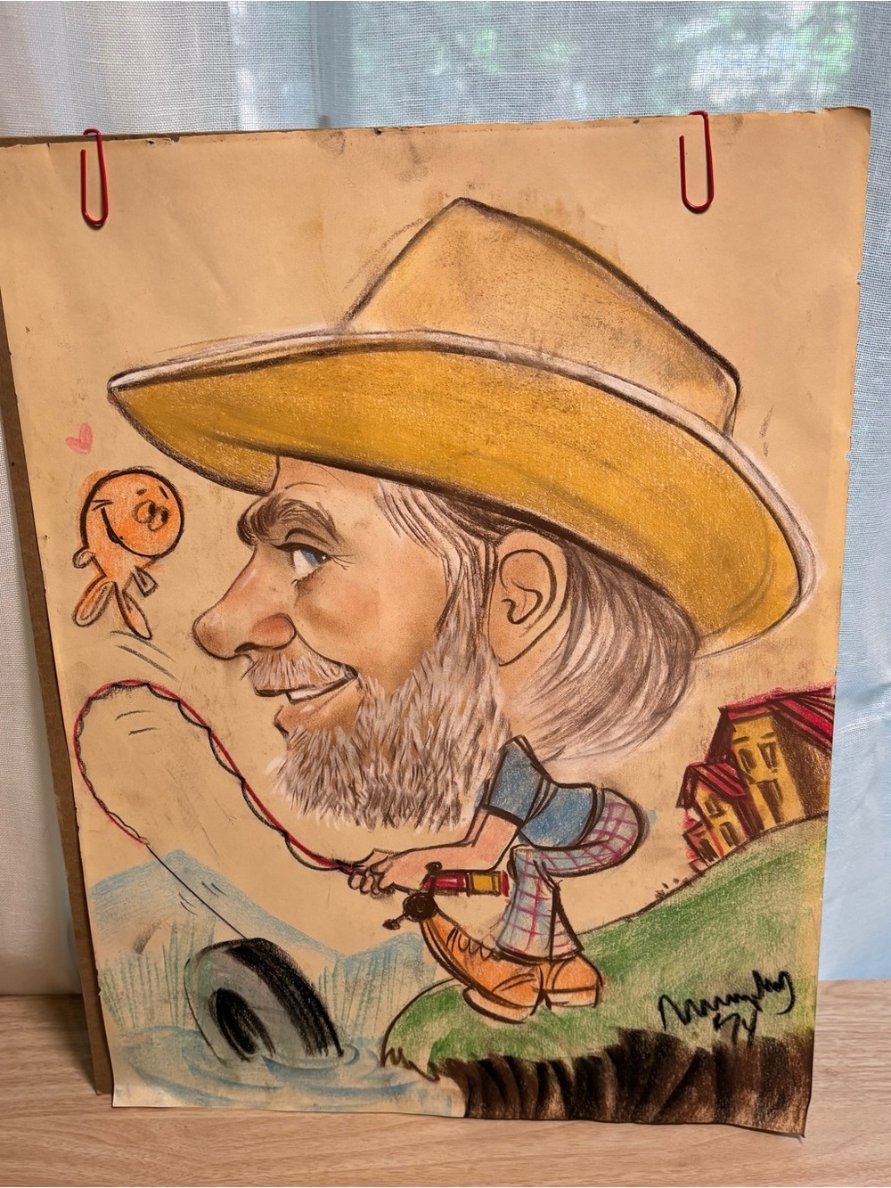 Vintage 1974 Caricature Drawing Of A Man Fishing Quirky Whimsical Collector12x16